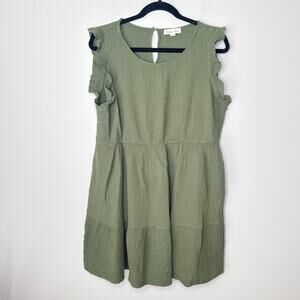 Indigo Rose 2X Gauzy Crinkle Cotton Ruffle‎ Sleeve Tiered Dress Olive Green